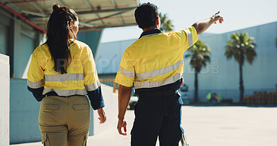 Buy stock photo Logistics, team and pointing with people outdoor for shipping route, delivery and cargo. Freight inspection, export partnership and supply chain with back of employees at warehouse for distribution