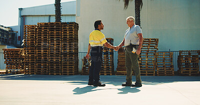 Buy stock photo Logistics, manager or worker with outdoor handshake for agreement, distribution contract or gratitude. Cargo depot, appreciation gesture or men shake hands for hard work recognition, shipping or deal