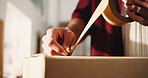 Hands, tape and packaging box with logistics, startup and ecommerce at dropshipping company. Person, entrepreneur and small business with stock, supply chain and product distribution at workshop