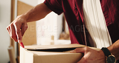 Buy stock photo Hands, boxcutter and dropshipping with logistics, box or package for ecommerce at startup company. Person, entrepreneur and knife for tape, supply chain and check product at distribution center