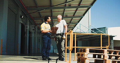 Buy stock photo Warehouse, team outdoor and talking with clipboard for supply chain, dispatch or manager feedback. People, logistics or discussion at storage facility with checklist, management plan or distribution.