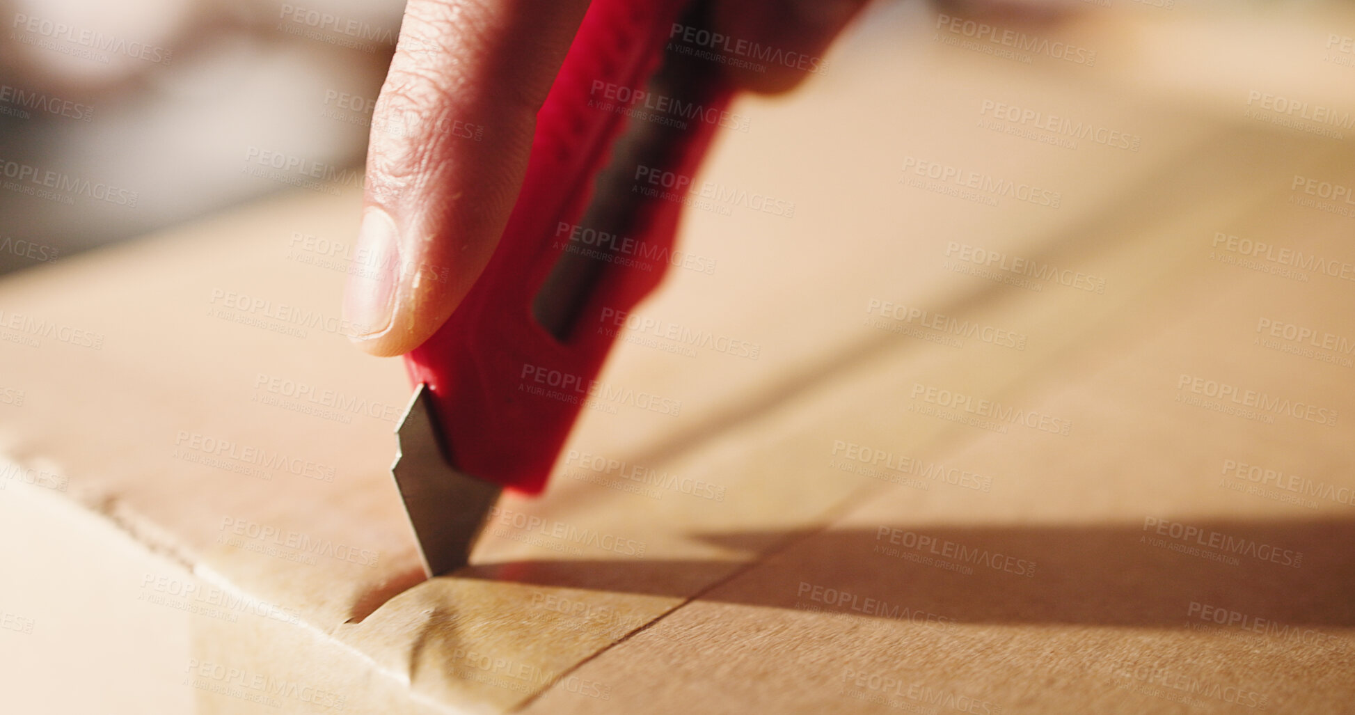 Buy stock photo Hands, boxcutter and dropshipping with stock, box or logistics for ecommerce at startup company. Person, entrepreneur and knife for storage, supply chain or closeup with tape at distribution center