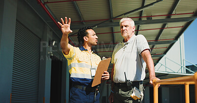 Buy stock photo Warehouse, team outdoor and discussion with clipboard for supply chain, dispatch or manager feedback. People, logistics or talking at storage facility with checklist, management plan or distribution.