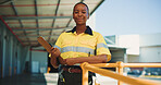 Logistics, clipboard and portrait with black woman outdoor for supply chain, cargo checklist and export. Distribution manager, transport coordinator and quality assurance with person at warehouse