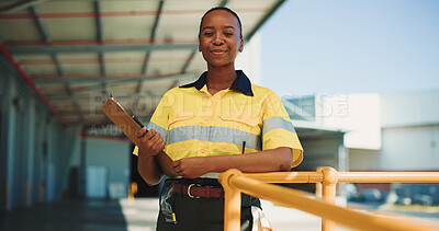 Buy stock photo Logistics, clipboard and portrait with black woman outdoor for supply chain, cargo checklist and export. Distribution manager, transport coordinator and quality assurance with person at warehouse