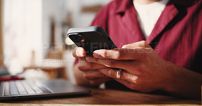 Buy stock photo Hands, phone and texting with remote work from home, laptop and check notification for freelance job. Person, virtual assistant with smartphone, contact and feedback with mobile app at apartment