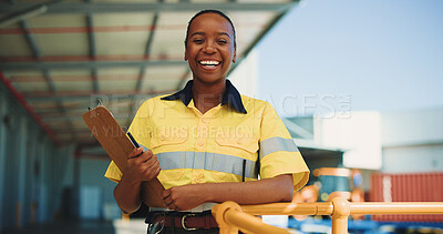 Buy stock photo Shipping, clipboard and portrait with black woman outdoor for supply chain, cargo checklist and export. Distribution manager, transport coordinator and quality assurance with person at warehouse