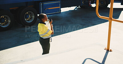Buy stock photo Logistics, clipboard and radio with black woman outdoor for supply chain, cargo checklist or export. Distribution manager, transport coordinator and communication with person at warehouse for contact