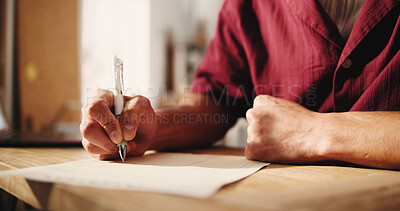 Buy stock photo Hands, writing and documents at dropshipping startup with review, checklist or invoice at company. Person, entrepreneur and paperwork with administration, report and notes at distribution plant