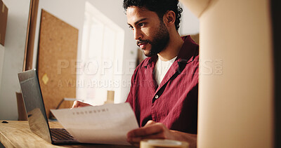 Buy stock photo Ecommerce, paper or man with laptop in office, supply chain admin or check product production price. Reading, merchandise invoice or entrepreneur research for cost effective supplier, pc or startup