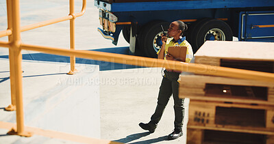Buy stock photo Supply chain, woman outdoor and talk with radio for transport instructions, operations or clipboard. High angle, black person and communication with tech for risk assessment, logistics and checklist.