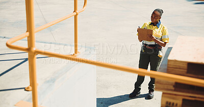 Buy stock photo Logistics, clipboard and writing with black woman outdoor for supply chain, cargo checklist and export. Distribution manager, transport coordinator and quality assurance with person at warehouse