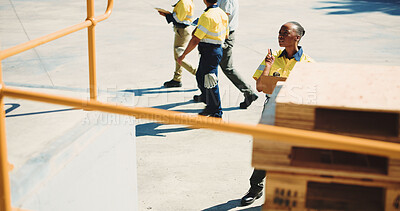 Buy stock photo Planning, woman and logistics worker outdoor for inspection of stock inventory for freight. Distribution, clipboard and female supply chain manager with checklist for delivery quality assurance.