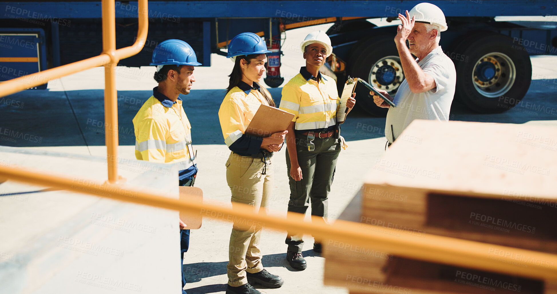 Buy stock photo Logistics, team and meeting with people outdoor for inventory management, delivery planning or export. Shipping route schedule, distribution supervisor or collaboration with employees at warehouse
