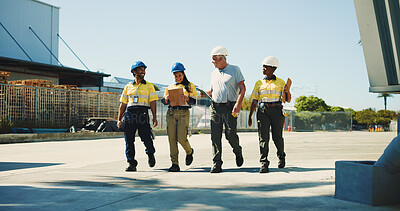 Buy stock photo Logistics, team and walking with people outdoor for inventory management, delivery planning or export. Shipping route schedule, distribution supervisor or collaboration with employees at warehouse