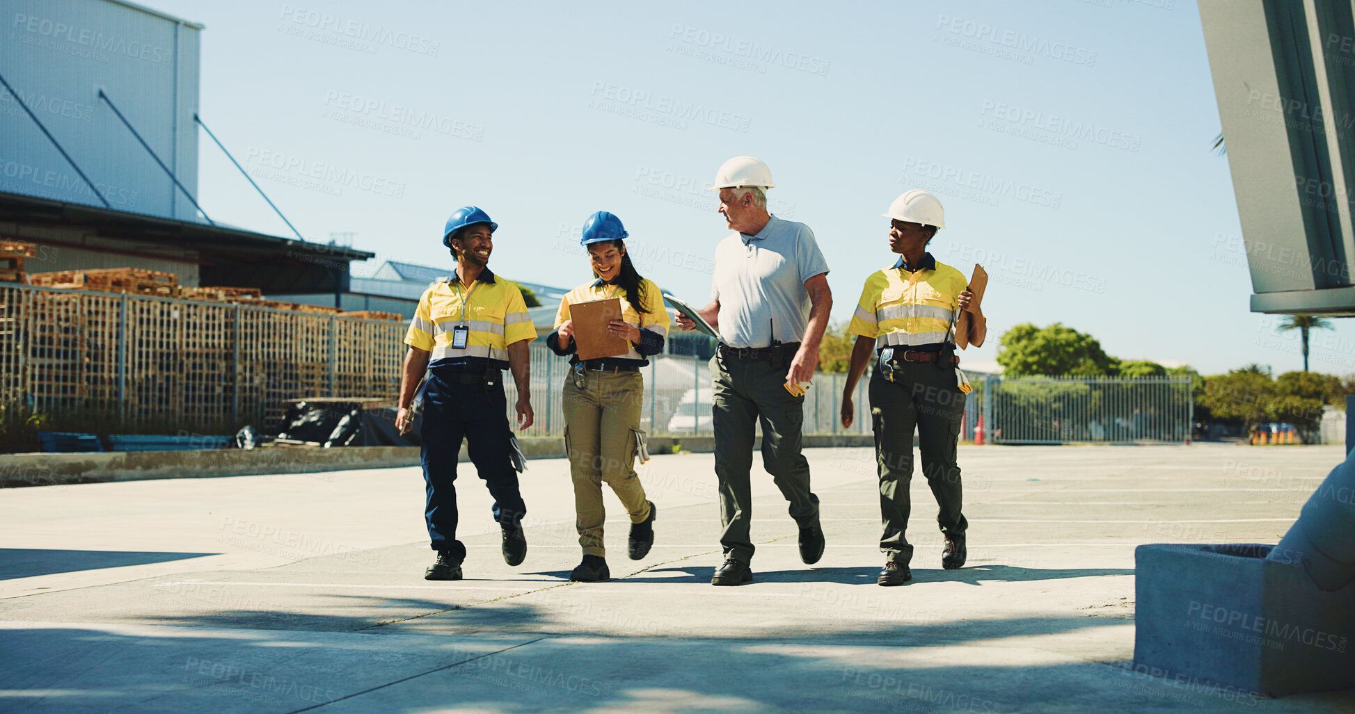 Buy stock photo Logistics, team and walking with people outdoor for inventory management, delivery planning or export. Shipping route schedule, distribution supervisor or collaboration with employees at warehouse