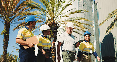 Buy stock photo Logistics, walking and tablet with people outdoor for inventory management, delivery planning or export. Shipping route schedule, low angle or collaboration with employees and tech at warehouse