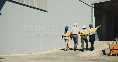 Buy stock photo Logistics, team and back with people outdoor for inventory management, delivery planning or export. Shipping route schedule, distribution supervisor or collaboration with employees and walking