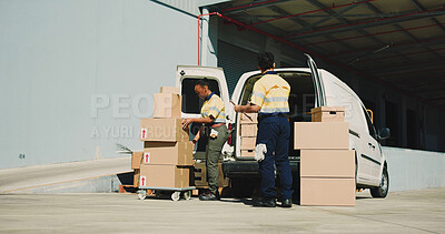 Buy stock photo Logistics, outdoor or people with boxes by van, package inspection or check shipment for delivery. Supply chain, cargo transport or team with clipboard by vehicle, distribution or export evaluation