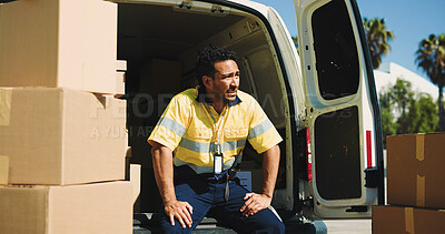 Buy stock photo Tired, boxes and van with delivery man outdoor for late shipment, stress and distribution backlog. Exhausted, supply chain crisis and fatigue with person and courier vehicle for logistics error