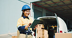 Logistics, outdoor or woman with clipboard by van, package inspection or check shipment for delivery. Vehicle, cargo transport or worker smile with checklist for dispatch, stock or export evaluation