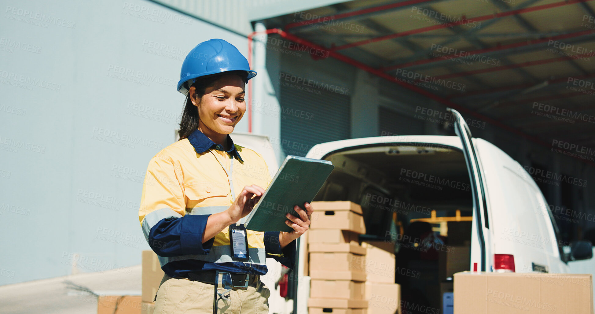 Buy stock photo Logistics, outdoor or woman with clipboard by van, package inspection or check shipment for delivery. Vehicle, cargo transport or worker smile with checklist for dispatch, stock or export evaluation