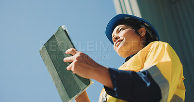 Buy stock photo Logistics, outdoor or woman with tablet for inspection, supply chain or dispatch management. Low angle, transport service or manager with tech for delivery organization, distribution or safety check