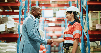 Buy stock photo Logistics, handshake and meeting with people in warehouse for supply chain deal, welcome and thank you. Shipping partnership, shaking hands and b2b export with employees in factory for teamwork