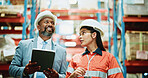 Happy people, contractor or warehouse manager with tablet for inventory, supply chain or logistics. Man, woman or mentor with employee for shipping inspection or quality assurance in storage depot