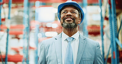 Buy stock photo Thinking, man and logistics manager in factory, happy and planning for goods distribution and space. Supply chain, warehouse and mature black person with smile for quality assurance or inspection