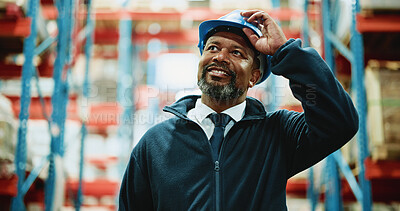 Buy stock photo Factory, man and logistics manager with helmet, thinking and plan for distribution of goods or stock. Supply chain, warehouse and mature black person with smile for quality assurance and inspection