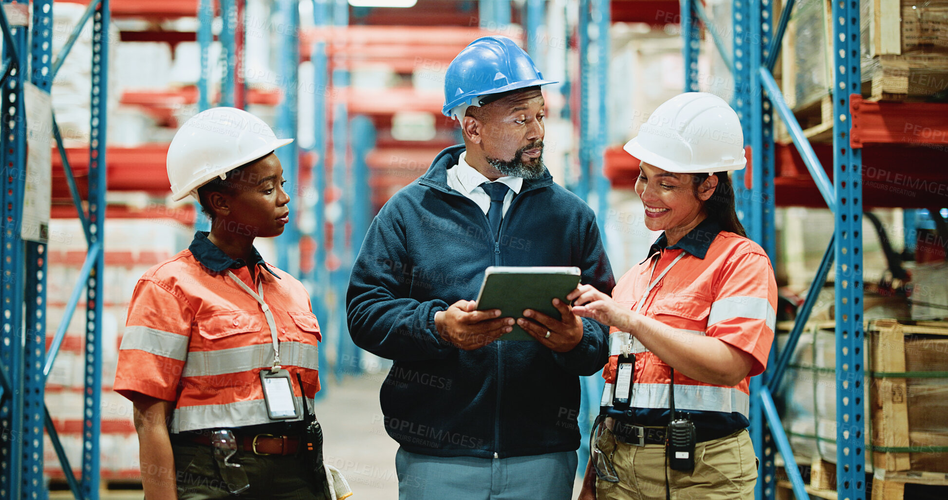 Buy stock photo Shipping, tablet and team with people in warehouse for inspection checklist, cargo storage and freight. Supply chain inventory, distribution and online export report with employees in factory
