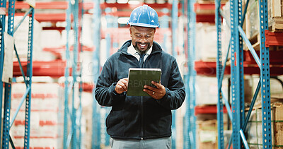 Buy stock photo Logistics, warehouse and man with tablet, online and inventory for supply chain, stock and shipping. Factory, mature operations manager and black person with tech for distribution and production