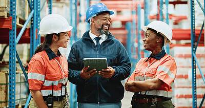 Buy stock photo Logistics, tablet and partner with people in warehouse for inspection checklist, cargo storage and freight. Supply chain inventory, distribution and online export report with employees in factory