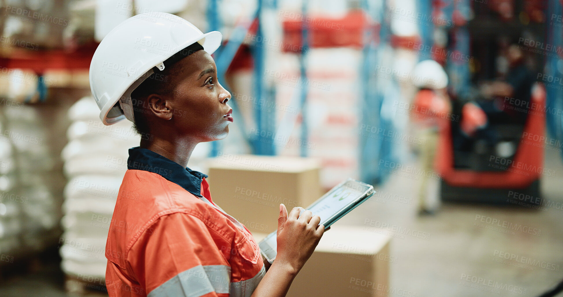 Buy stock photo Tablet, cargo and search with woman in warehouse for delivery procurement, floor supervisor and logistics. Distribution manager, online shipping checklist and export sourcing with person in factory