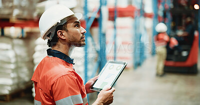 Buy stock photo Logistics, tablet and chart with man in warehouse for inspection graph cargo storage or freight. Supply chain inventory, distribution data and online export report with employee in factory for review