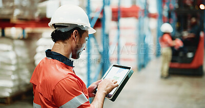 Buy stock photo Shipping, tablet and chart with man in warehouse for inspection graph cargo storage or freight. Supply chain inventory, distribution data and online export report with employee in factory for review