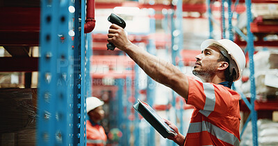 Buy stock photo Logistics, tablet and scan with man in warehouse for quality assurance, cargo and shipping. Inventory manager, online inspection checklist and distribution with person in factory for delivery report 