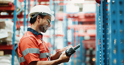 Buy stock photo Tablet, cargo and scanner with man in warehouse for delivery procurement, inventory management in logistics. Distribution manager, online shipping checklist and export process with person in factory
