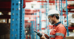 Logistics, tablet and reading with man in warehouse for inspection, cargo storage or freight. Supply chain inventory, distribution and online export report with employee in factory for delivery plan