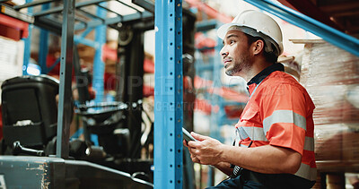 Buy stock photo Logistics, tablet and search with man in warehouse for quality assurance, cargo and shipping. Inventory manager, online inspection checklist and distribution with person in factory for delivery