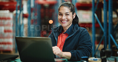 Buy stock photo Logistics, laptop and portrait with woman in warehouse for quality assurance, cargo and shipping. Inventory manager, online inspection checklist and distribution with person in factory for delivery