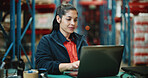 Logistics, laptop and typing with woman in warehouse for quality assurance, cargo and shipping. Inventory manager, online inspection checklist and distribution with person in factory for delivery