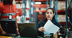 Logistics, laptop and advisor with woman in warehouse for quality assurance, cargo and shipping. Inventory manager, online inspection checklist and distribution with person in factory for delivery