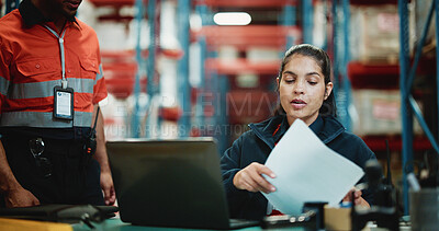 Buy stock photo Logistics, laptop and advisor with woman in warehouse for quality assurance, cargo and shipping. Inventory manager, online inspection checklist and distribution with person in factory for delivery