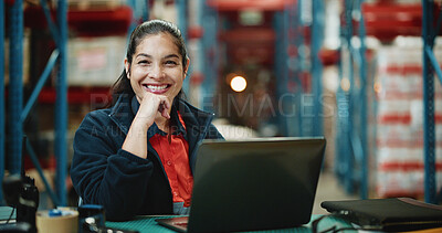 Buy stock photo Shipping, laptop and portrait with woman in warehouse for quality assurance, cargo and logistics. Inventory manager, online inspection checklist and distribution with person in factory for delivery