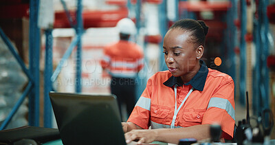 Buy stock photo Laptop, shipping and search with woman in warehouse for delivery procurement, floor supervisor and logistics. Distribution manager, online cargo checklist and export sourcing with person in factory