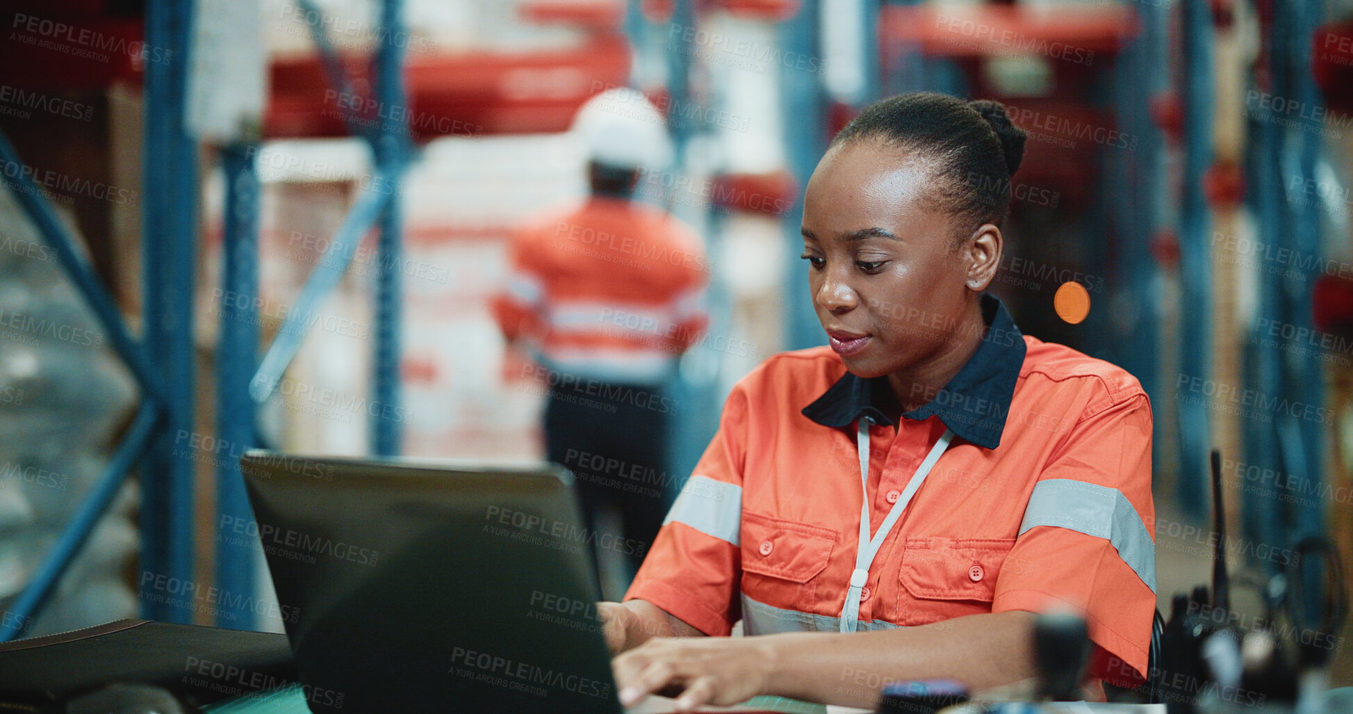 Buy stock photo Laptop, shipping and search with woman in warehouse for delivery procurement, floor supervisor and logistics. Distribution manager, online cargo checklist and export sourcing with person in factory