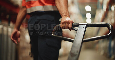 Buy stock photo Handle, trolley and hand of man in warehouse for distribution, cargo or quality assurance. Logistics, freight and male supply chain manager with pallet jack for stock delivery with export in factory.