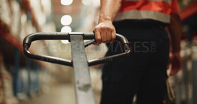 Buy stock photo Handle, trolley and hand of worker in warehouse for distribution, cargo or quality assurance. Logistics, freight and male supply chain manager with pallet jack for stock delivery in factory.